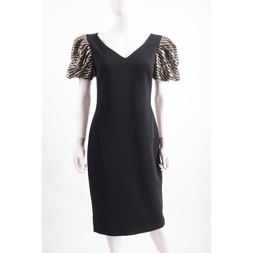 Theia Womans Sheath Dress Size 6 Black Silver Gold Sequin Puff Sleeves NWT